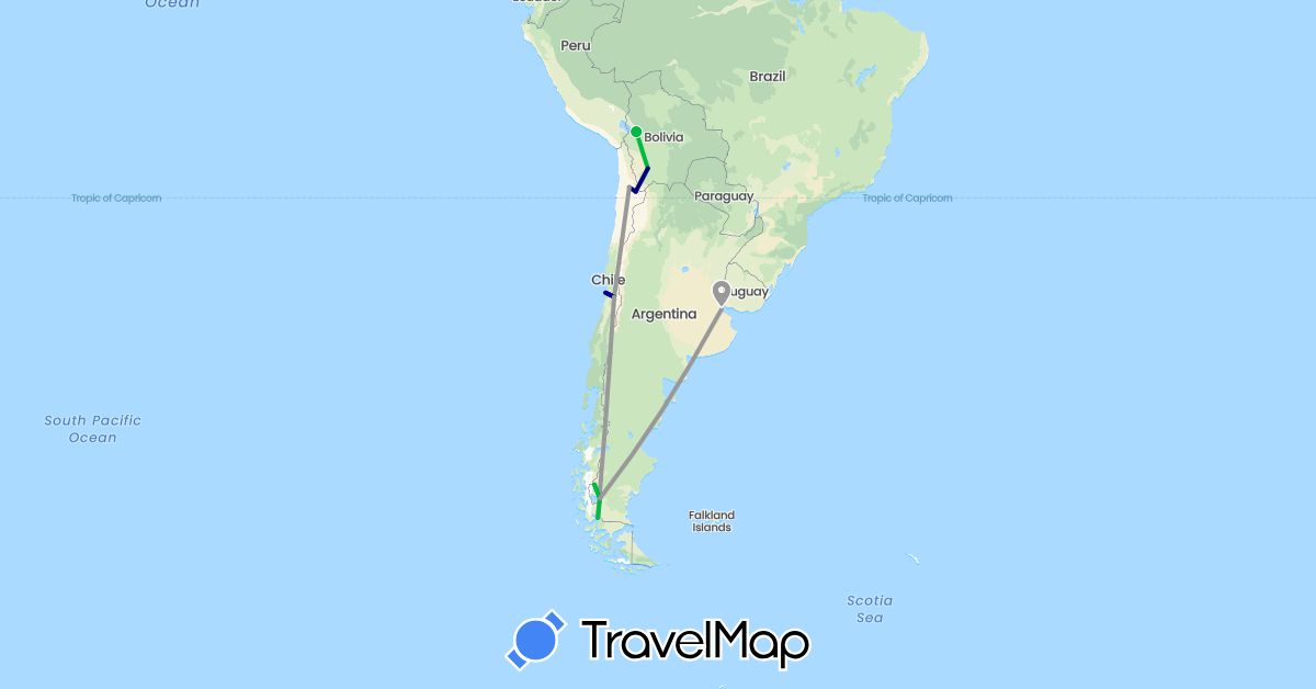 TravelMap itinerary: driving, bus, plane in Argentina, Bolivia, Chile (South America)